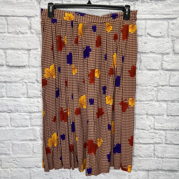 Vintage Dresses & Skirts - Vintage Houndstooth A-Line Midi Skirt Size 16 Brown Leaves Pleated Made in USA